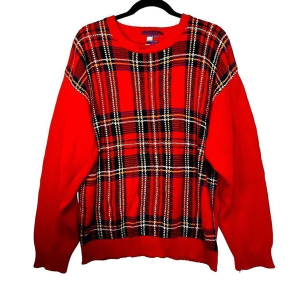 Vintage 90s Tommy Hilfiger Pullover Sweater Tartan Plaid Red Green Blue small - Picture 1 of 9
